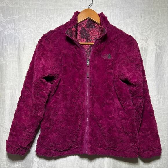 The North Face Other - The North Face Jacket Girls Large Reversible Pink Fuzzy Teddy Mossbud Swirl